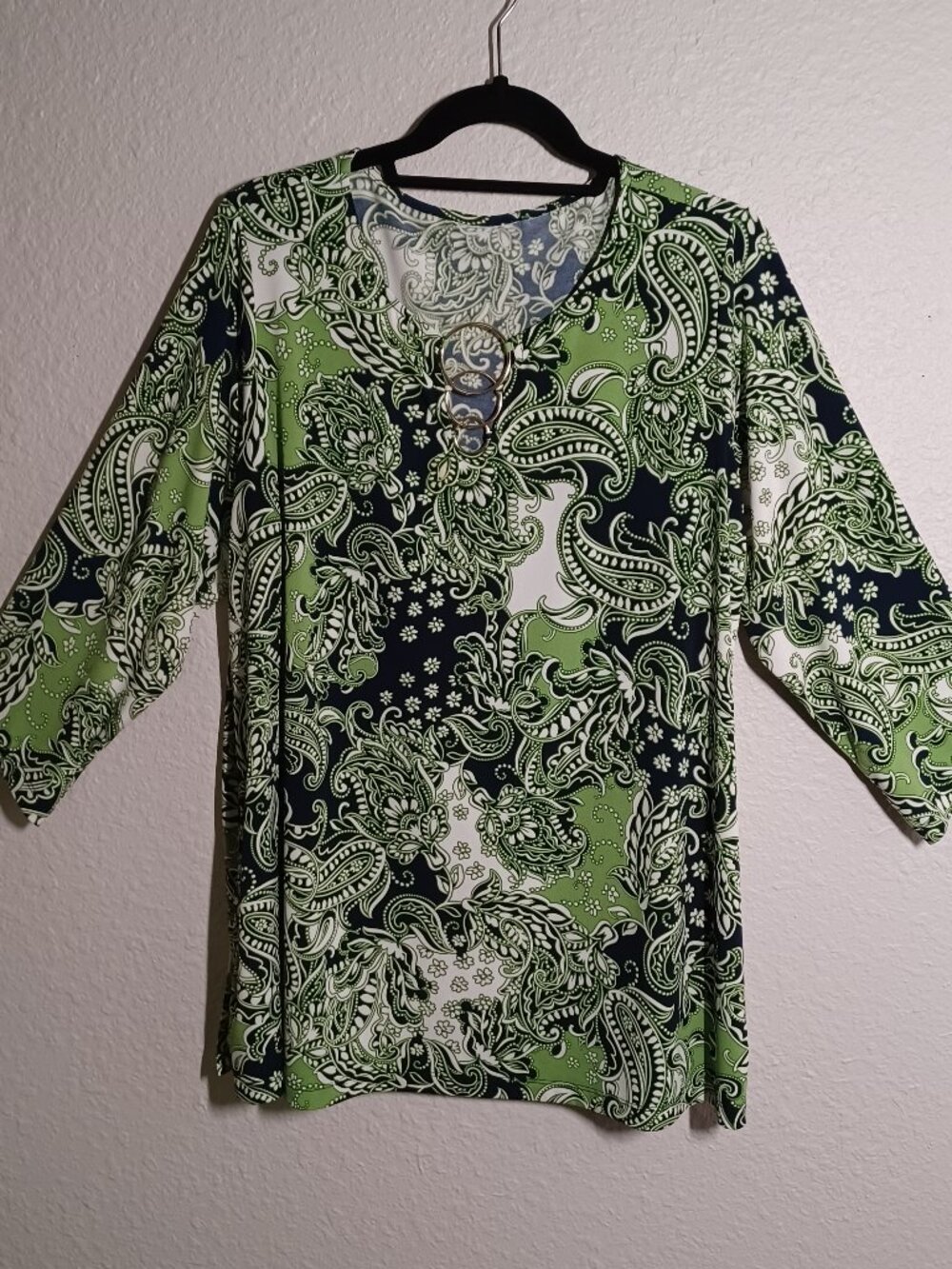 Susan Graver 1X Printed Liquid Knit 3/4 Sleeve Tunic Shirt w/Keyhole Trim Green